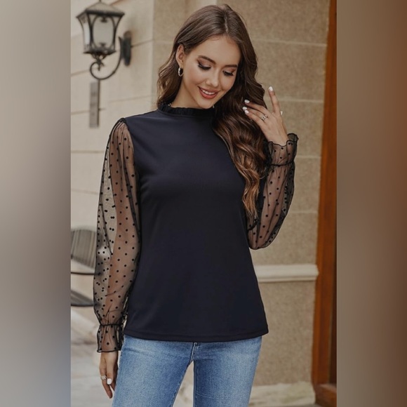 Blooming Jelly Mock Neck Tops Mesh Long Sleeve Shirts Polka Dot Ruffle Elegant - Picture 5 of 13